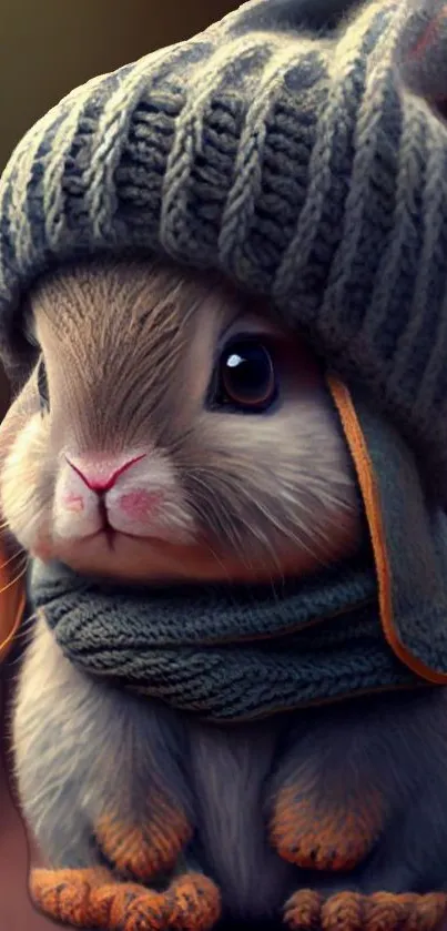 Cute rabbit in knitted hat and scarf, gray backdrop.