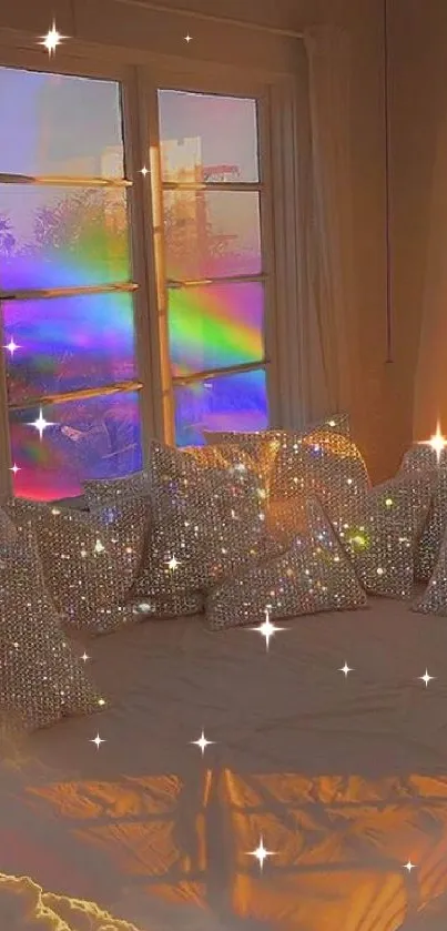 Cozy room with rainbow reflections through windows and glitter pillows.