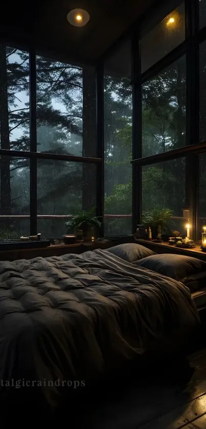 Cozy bedroom with a rainy forest view and dim lighting.