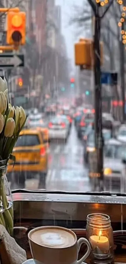 Cozy cafe view with tulips and rain-soaked city streets.