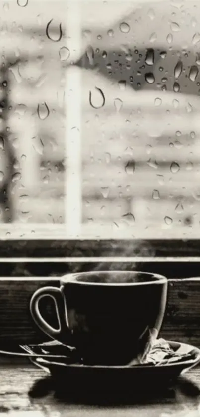 Monochrome steaming coffee cup by a rainy window.