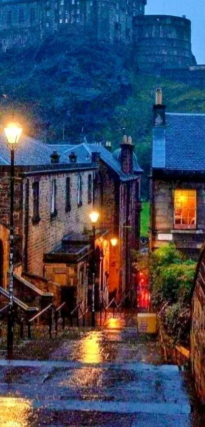 Charming nighttime city street with warm glow and vintage buildings.