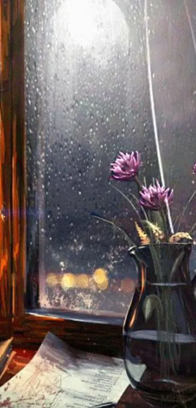 Cozy window scene with rain and flowers at night.