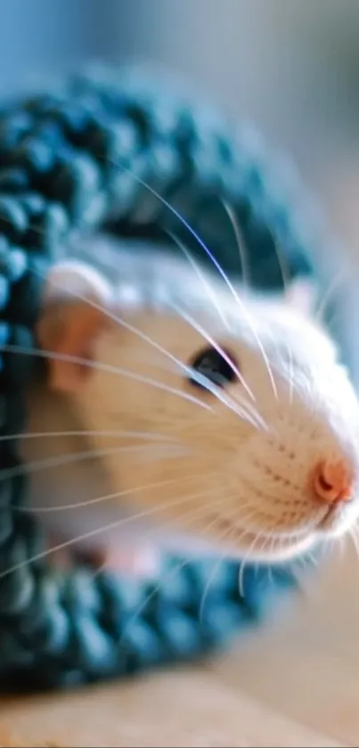 Adorable white rat in a blue knitted tunnel.