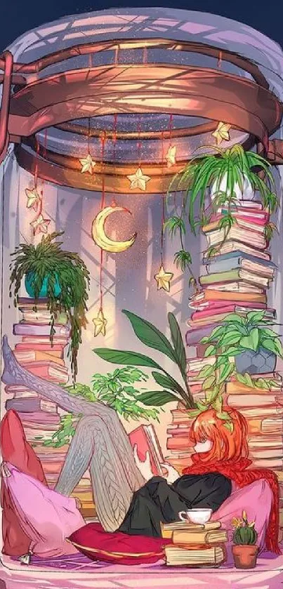 Cozy reading nook in fantasy jar with books and plants.