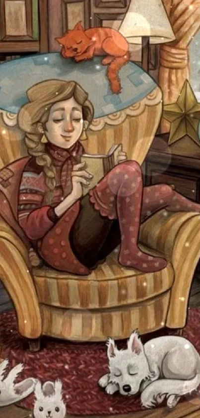 Cozy reading nook illustration with cat and plush toys.