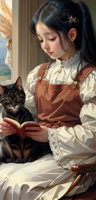 A girl reads a book with a cat in a cozy, vintage room with warm tones.