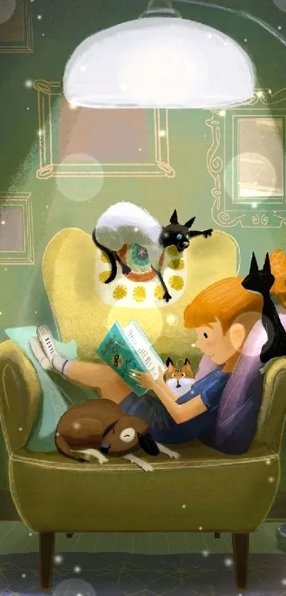 Illustration of a girl reading with cats under a lamp.