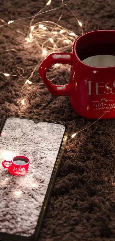 Cozy red mug and phone on a brown carpet with fairy lights.