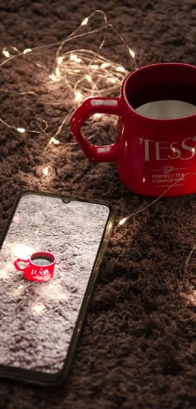 Cozy scene with red mug and phone on brown surface with lights.