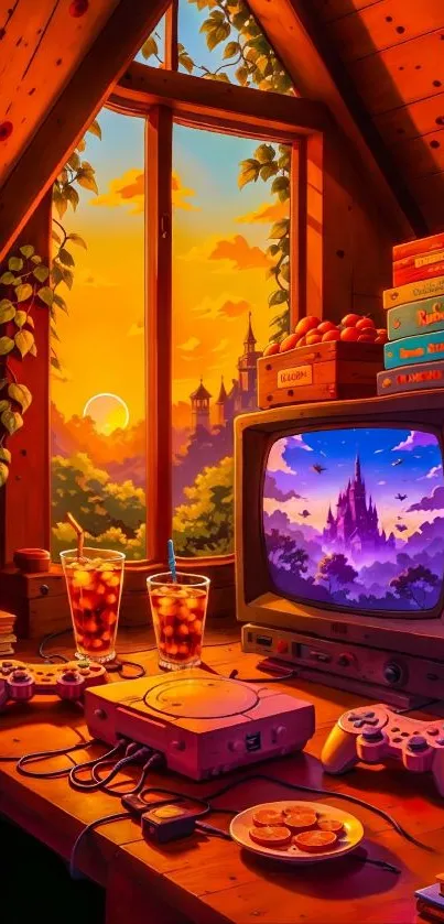 Cozy attic room with retro gaming setup at sunset.