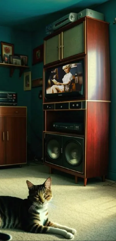 Retro living room with cat and vintage decor.