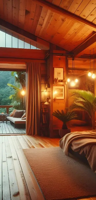 Rustic bedroom with warm wood tones and soft lighting.