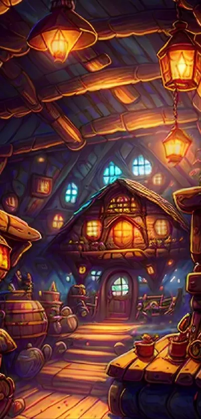 Cozy rustic cabin with warm lighting and charming decor in a fantasy setting.