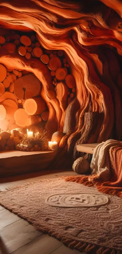 Cozy rustic cave interior with warm wooden tones and ambient lighting.