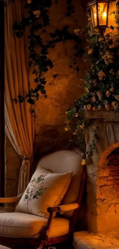 Cozy rustic living room with warm lighting and floral decor.