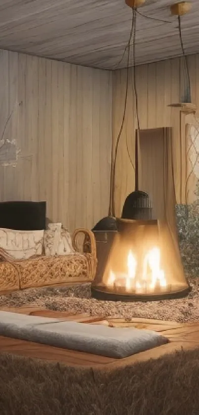 Rustic room with wicker loveseat and glowing fire feature.