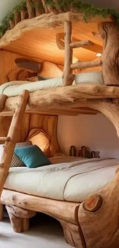 Rustic treehouse bunk bed with natural wood and cozy design.