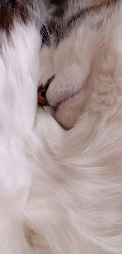 A fluffy cat sleeping, showcasing soft white fur for a calming wallpaper.