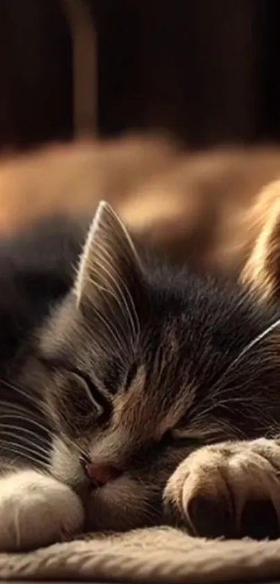 Cozy sleeping cat on a warm blanket.