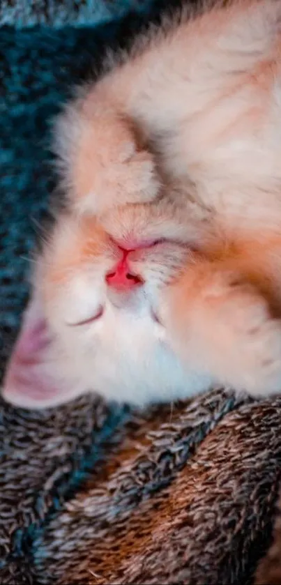 Adorable kitten sleeping cozily on a soft blanket.