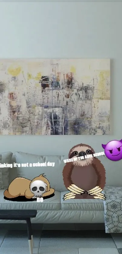 Living room with sloths on sofa wallpaper.