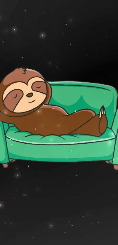 Cartoon sloth sleeping on green couch with starry background.