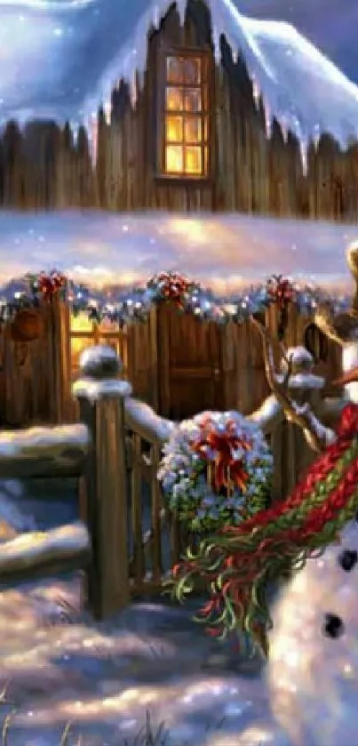 Charming snow-covered cabin with snowman and festive decorations.