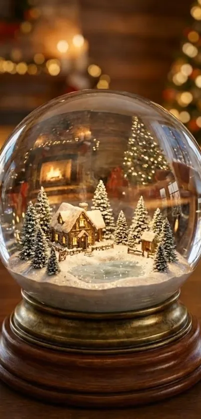 Cozy snow globe with cabin and trees in winter scene.