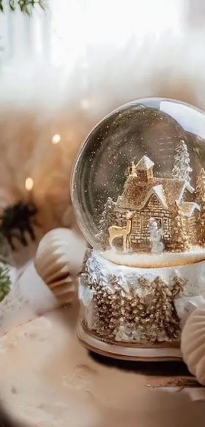 Cozy winter snow globe with rustic charm.