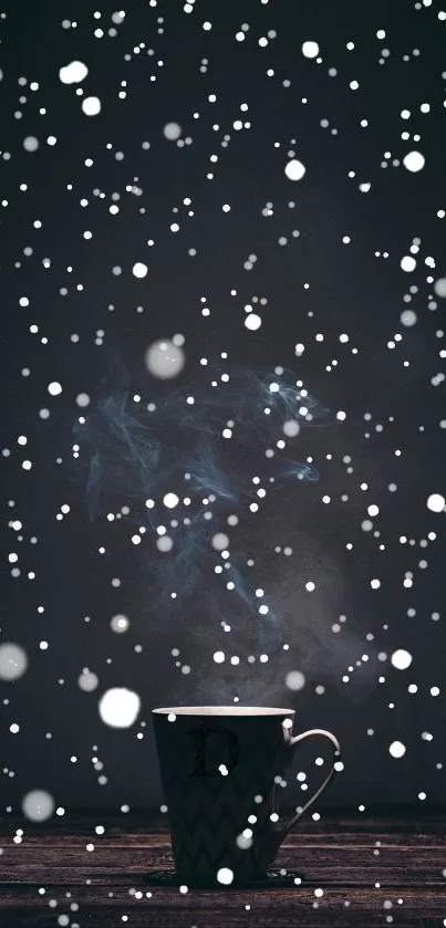 Dark gray wallpaper with steaming mug and snowfall.