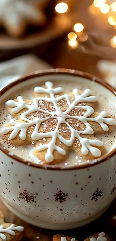 A cozy latte with a snowflake cookie and bokeh lights.