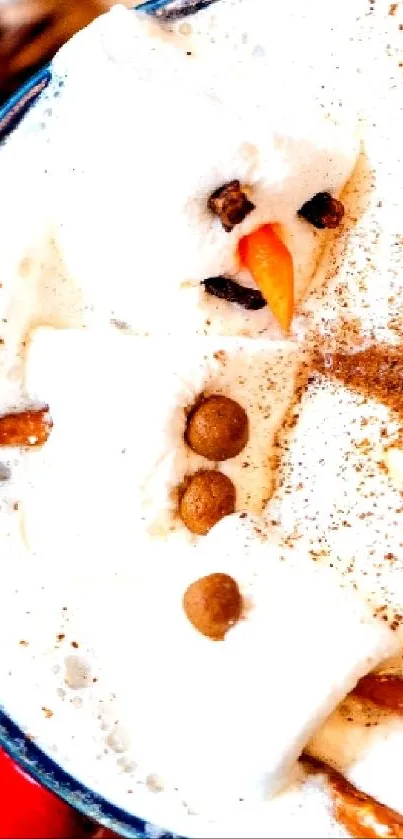 Snowman marshmallow in hot chocolate mug with cinnamon.
