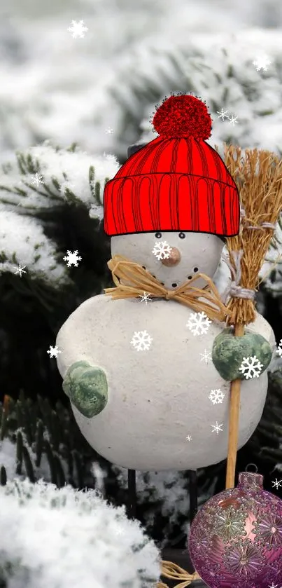 Snowman with red hat and snowflakes for winter background.