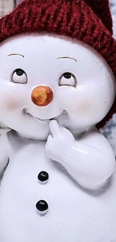 Cute snowman with red hat on wintery background.