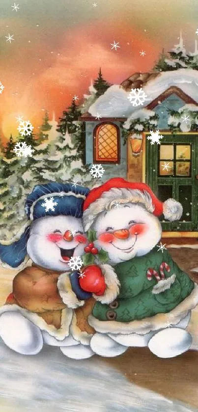 Charming snowman couple by a cabin in a winter wonderland scene.