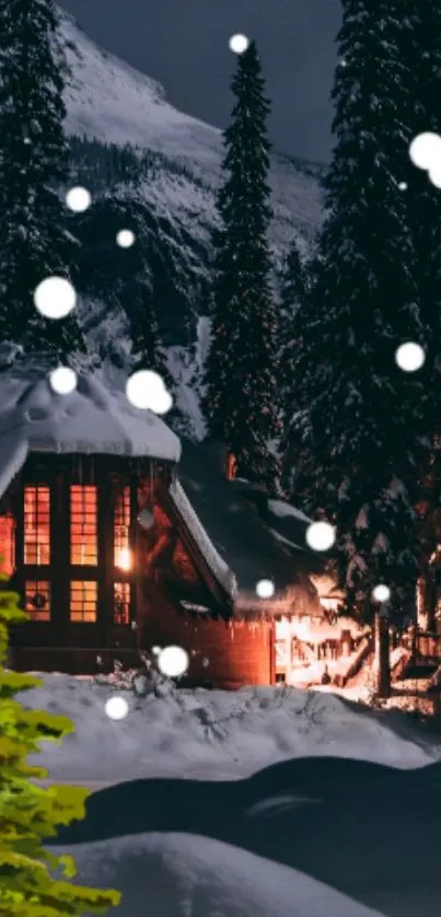 A cozy cabin illuminated warmly among snowy trees on a peaceful winter night.