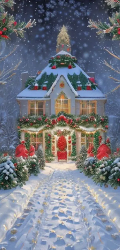 Magical snowy house with Christmas decorations and lights.