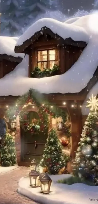 Cozy snow-covered Christmas cabin scene with holiday decorations.