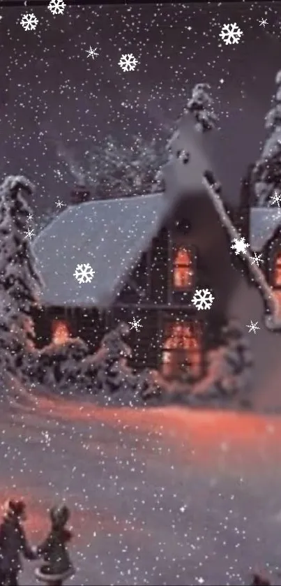 Snowy cottage at night with glowing windows and falling snow.