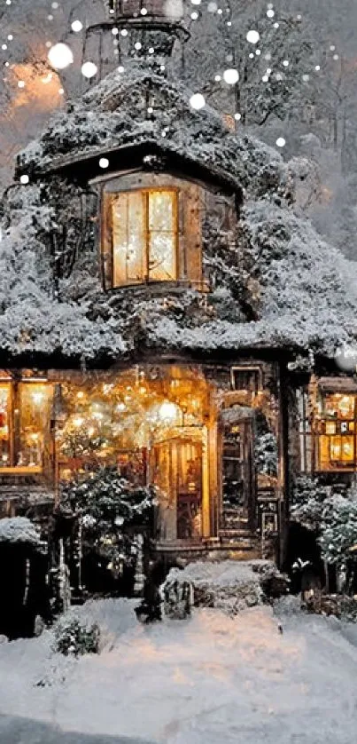 Snowy cottage with glowing lights in a winter forest landscape.