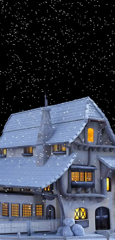 Charming snowy cottage with glowing windows under a starry winter night.