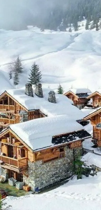 Snowy mountain retreat with cozy cabins.