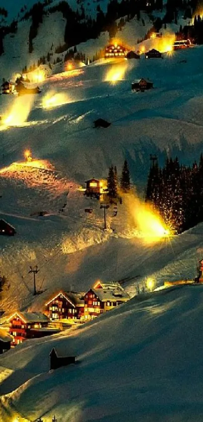 Snowy mountain village at night with warm lights.