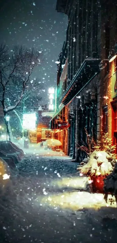 Snowy street with warm lights in winter night.