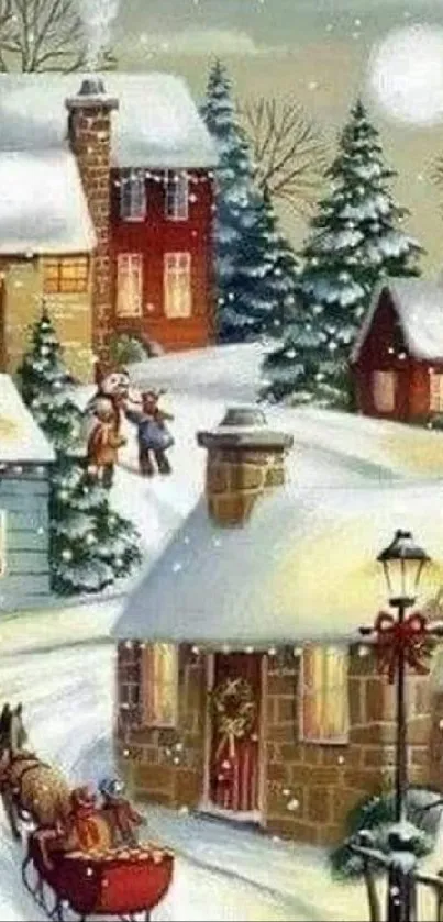 Snowy village scene with cozy homes and winter decorations.