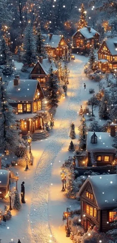 Snow-covered village with glowing lights on a winter night.