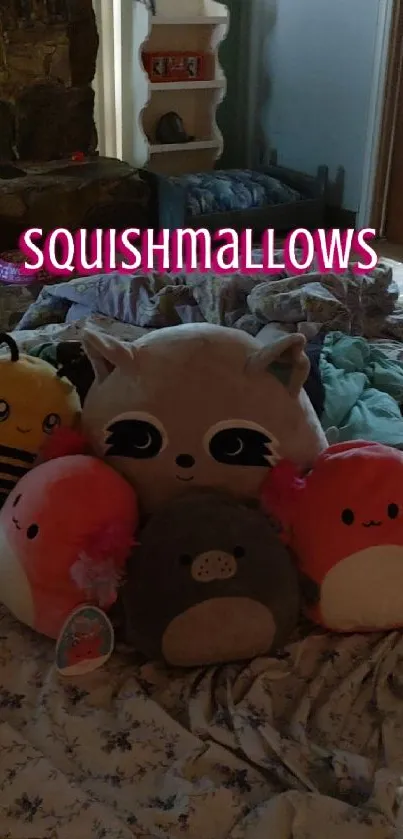 Cozy arrangement of Squishmallows plush toys on a bed.