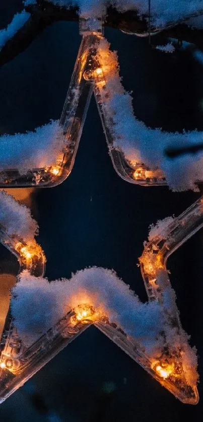 Snowy star with glowing lights on a dark winter night background.