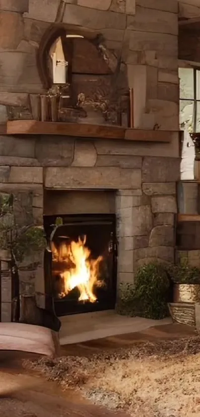 Cozy stone fireplace with warm ambiance and rustic decor elements.